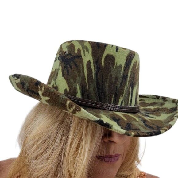Vtg Mens Hat Cowboy Safari Camo Hunting Adventure Core Cabin Core Green 7 3/8 - Picture 11 of 11